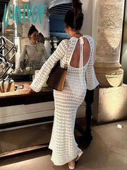 Lunivop Crochet Hollow Out Long Dresses Women 2024 New O-Neck Backless Slim Transparent Holiday