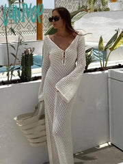 Lunivop Crochet Hollow Out Long Dresses Women 2024 New O-Neck Backless Slim Transparent Holiday