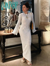 Lunivop Crochet Hollow Out Long Dresses Women 2024 New O-Neck Backless Slim Transparent Holiday