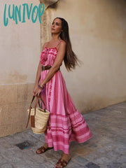 Lunivop Crochet Patchwork Long Dresses For Women Sleeveless Casual Summer Holiday Printed Vestidos