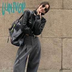 Lunivop Cropped Leather Jacket Women Vintage Black Streetwear Motorcycle Jackets Gothic Style