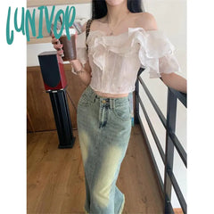 Lunivop Cropped Slash Neck Shirts Women Fashion Black Sexy Off Shoulder Blouses Summer Korean