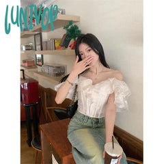 Lunivop Cropped Slash Neck Shirts Women Fashion Black Sexy Off Shoulder Blouses Summer Korean