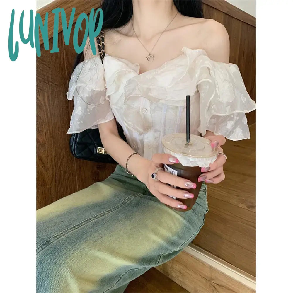 Lunivop Cropped Slash Neck Shirts Women Fashion Black Sexy Off Shoulder Blouses Summer Korean