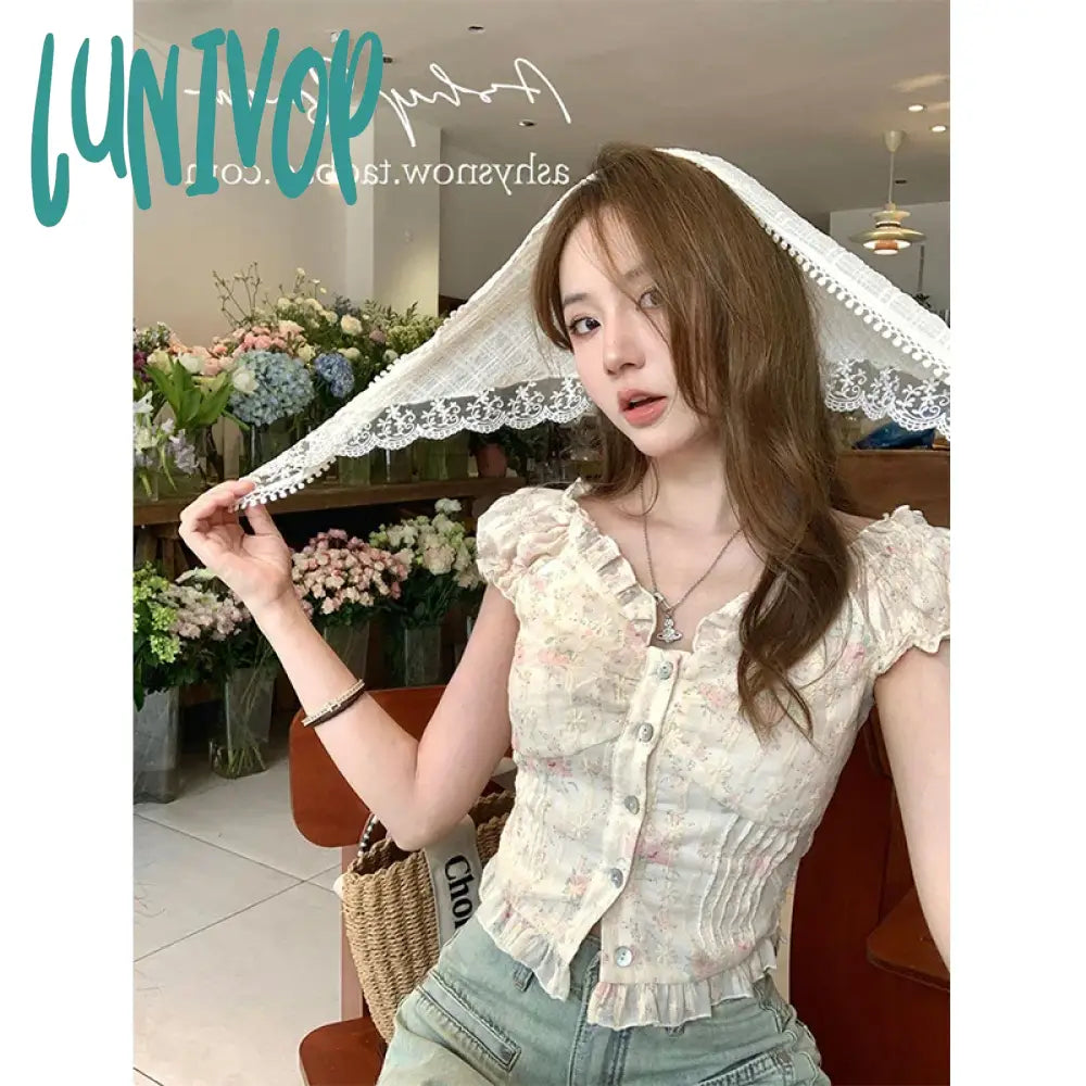Lunivop Cropped Slash Neck Shirts Women Vintage Elegant Floral Embroidery Blouses Streetwear Korean