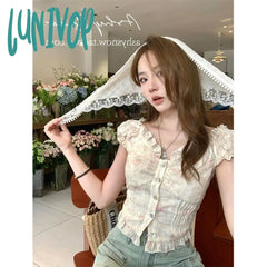 Lunivop Cropped Slash Neck Shirts Women Vintage Elegant Floral Embroidery Blouses Streetwear Korean