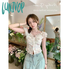 Lunivop Cropped Slash Neck Shirts Women Vintage Elegant Floral Embroidery Blouses Streetwear Korean