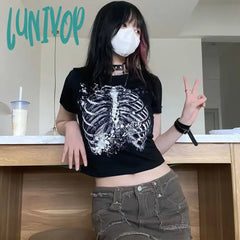 Lunivop Cropped T-Shirt For Women Girl Goth Skeleton Horror Tee Tops Streetwear Tshirt Gothic