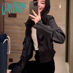Lunivop Cropped Windbreaker Jacket Women Korean Fashion Streetwear Black Short Zipper Hooded