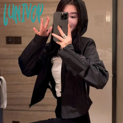 Lunivop Cropped Windbreaker Jacket Women Korean Fashion Streetwear Black Short Zipper Hooded