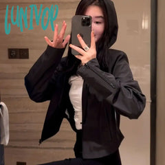 Lunivop Cropped Windbreaker Jacket Women Korean Fashion Streetwear Black Short Zipper Hooded