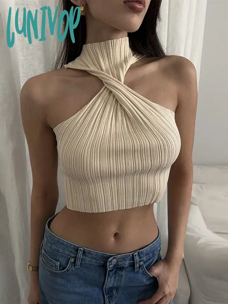 Lunivop Cross-Chest Off-Shoulder Knitwear Vest Top For Women Summer Hot Girl Slim Sleeveless Twist