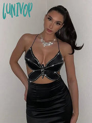 Lunivop Crystal Diamond Butterfly Crop Tops Summer Sexy Backless Lace Up Tank Hot Girl Streetwear