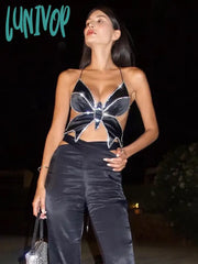 Lunivop Crystal Diamond Butterfly Crop Tops Summer Sexy Backless Lace Up Tank Hot Girl Streetwear