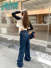 Lunivop Cuffed Waist Jeans Retro Blue Women’s Spring Autumn Street Style Casual Fashion High Wide