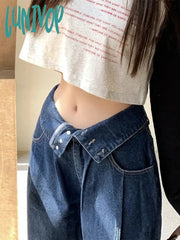 Lunivop Cuffed Waist Jeans Retro Blue Women’s Spring Autumn Street Style Casual Fashion High Wide