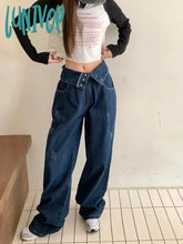 Lunivop Cuffed Waist Jeans Retro Blue Women’s Spring Autumn Street Style Casual Fashion High Wide