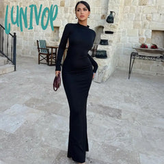 Lunivop Cut Out Backless Long Sleeve Maxi Dresses For Women 2024 Elegant Sexy Winter Party Leopard