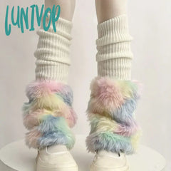 Lunivop Cute Colorful Rainbow Leg Warmer Plush Imitation Fur Japanese Women Knitted Over Knee Tube