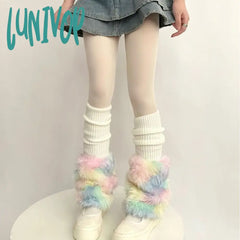 Lunivop Cute Colorful Rainbow Leg Warmer Plush Imitation Fur Japanese Women Knitted Over Knee Tube