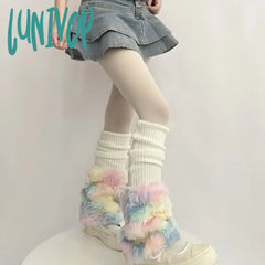 Lunivop Cute Colorful Rainbow Leg Warmer Plush Imitation Fur Japanese Women Knitted Over Knee Tube
