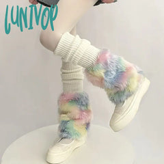 Lunivop Cute Colorful Rainbow Leg Warmer Plush Imitation Fur Japanese Women Knitted Over Knee Tube
