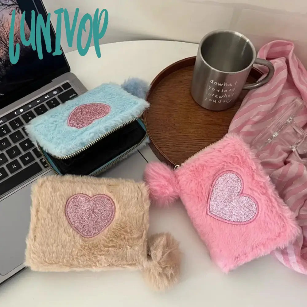 Lunivop Cute Love Wallets For Women Plush Small Fashion Elegant Short Wallet Aesthetic Literary