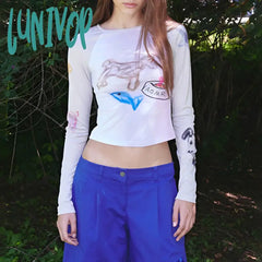 Lunivop Cute Puppy Graffiti Print Long Sleeve T-Shirt Women Korean Fashion Patchwork Crop Top Girl