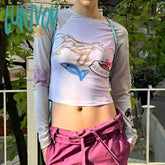 Lunivop Cute Puppy Graffiti Print Long Sleeve T-Shirt Women Korean Fashion Patchwork Crop Top Girl