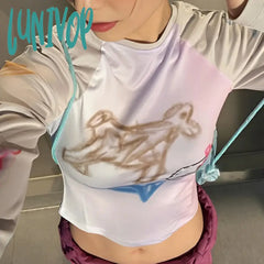 Lunivop Cute Puppy Graffiti Print Long Sleeve T-Shirt Women Korean Fashion Patchwork Crop Top Girl