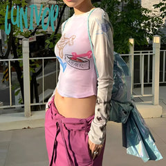 Lunivop Cute Puppy Graffiti Print Long Sleeve T-Shirt Women Korean Fashion Patchwork Crop Top Girl