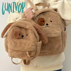 Lunivop Cute Puppy Womens Backpack Plush Brown Fluffy Cartoon Sweet Kawaii School Students Casual