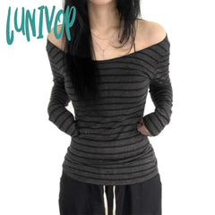 Lunivop Cyber Grunge Y2K T-Shirt Women Autumn Spring Korean Vintage Off Shoulder Crop Tops Striped