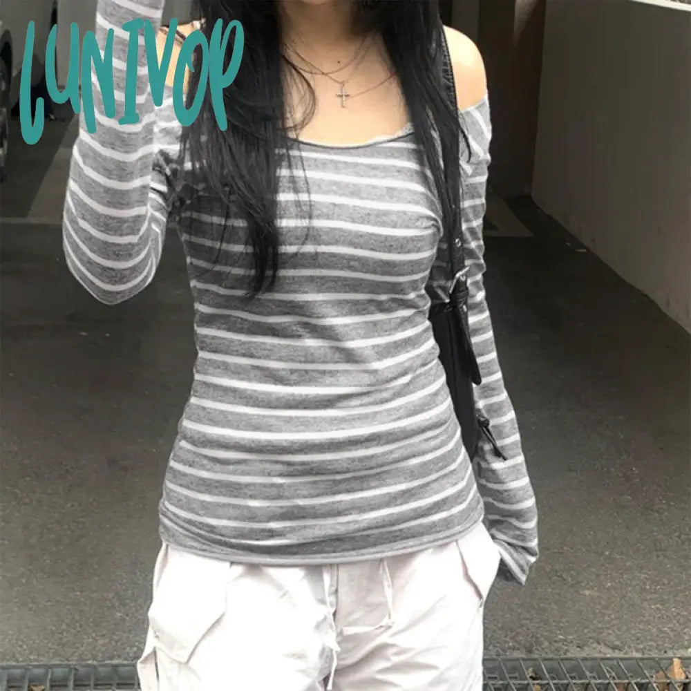 Lunivop Cyber Grunge Y2K T-Shirt Women Autumn Spring Korean Vintage Off Shoulder Crop Tops Striped