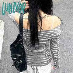 Lunivop Cyber Grunge Y2K T-Shirt Women Autumn Spring Korean Vintage Off Shoulder Crop Tops Striped