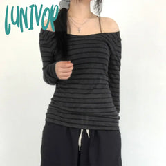 Lunivop Cyber Grunge Y2K T-Shirt Women Autumn Spring Korean Vintage Off Shoulder Crop Tops Striped