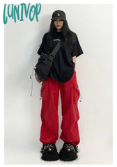 Lunivop Cyber Y2K Red Parachute Pants Women Kpop Streetwear Gray Cargo Trousers Oversized Egirl