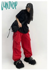 Lunivop Cyber Y2K Red Parachute Pants Women Kpop Streetwear Gray Cargo Trousers Oversized Egirl