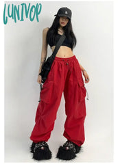Lunivop Cyber Y2K Red Parachute Pants Women Kpop Streetwear Gray Cargo Trousers Oversized Egirl