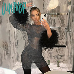 cybergoth dress to impress Furry Fine Flash Mesh Autumn New Fashion Trendy Sexy Women's One-Piece Dress