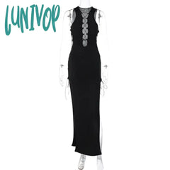 cybergoth dress to impress Style Women's Spring New Sleeveless Hollow Lace-up Sexy Slit Mid-Length Dress