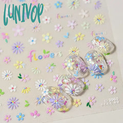 Lunivop Daisy Rose Cherry Blossom Cute 5D Embossed Reliefs Self Adhesive Nail Art Stickers Colorful