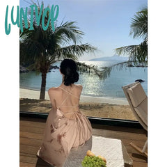Lunivop Daring Halter Holiday Style Dress For Women 2024 Sleeveless Floral Vacation Summer French