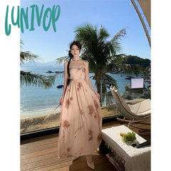 Lunivop Daring Halter Holiday Style Dress For Women 2024 Sleeveless Floral Vacation Summer French