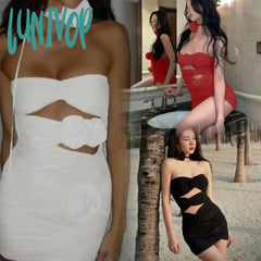 Lunivop Daring Y2K Sexy Short Dresses Strapless Flower Mesh Dress Hollow Out Ruched Chic And