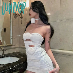 Lunivop Daring Y2K Sexy Short Dresses Strapless Flower Mesh Dress Hollow Out Ruched Chic And