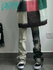 Lunivop Dark Academia Grunge Japanese Harajuku Y2K Streetwear Slim Low Rise Flare Patchwork Denim