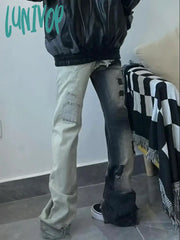 Lunivop Dark Academia Grunge Japanese Harajuku Y2K Streetwear Slim Low Rise Flare Patchwork Denim