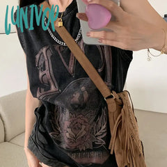 Lunivop Dark Gothic Punk American Distressed Washed Tank Top T-Shirt Women’s Summer Loose