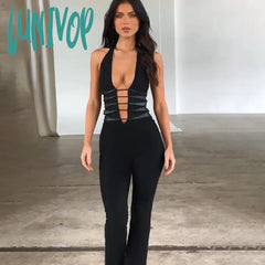 Lunivop Deep V Halter Mesh Bandage Bodycon Jumpsuits Outfits Unitards Sleeveless Romper Overalls